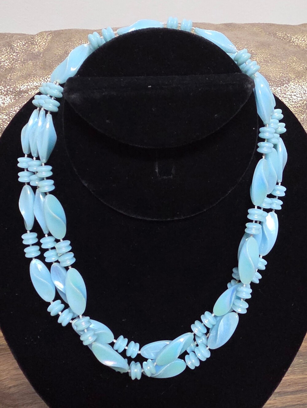 Light Blue Iridescent Resin Vintage Beaded Long Necklace - 60s Style